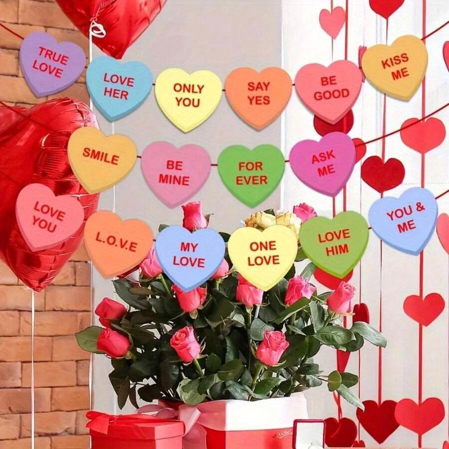 Valentine's Day Heart Banner Garland - Candy-Colored, Pre-Strung with Love Sayings for Anniversary, Wedding & Birthday Decorations