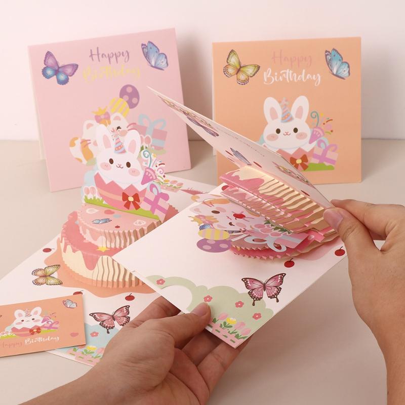 3D Cartoon Cute Rabbit Birthday Cake Greeting Card Classmate Birthday Gift Holiday Blessing Wholesale Office School Supplies