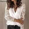 Floral Long Sleeve Lace Shirt Women Vintage V Neck Blouses And Tops Loose Female Shirts White Blouses Women Clothing 19040