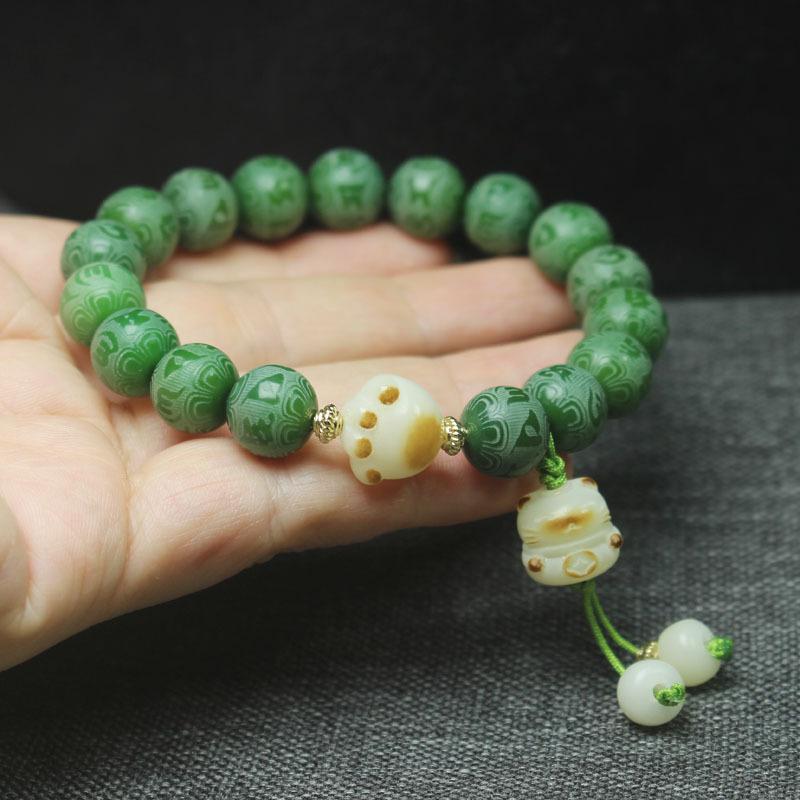 10mm Green Bodhi Root Bracelet, DIY Charcoal Cat & Six Syllable Mantra