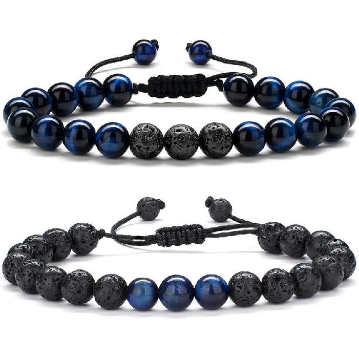 M MOOHAM Mens Bracelet - Beaded Natural Stone 8mm Tiger Eye Matte Agate Lava Rock Bracelets for Men Teen Boys Grandpa Dad Birthday Gifts Jewelry