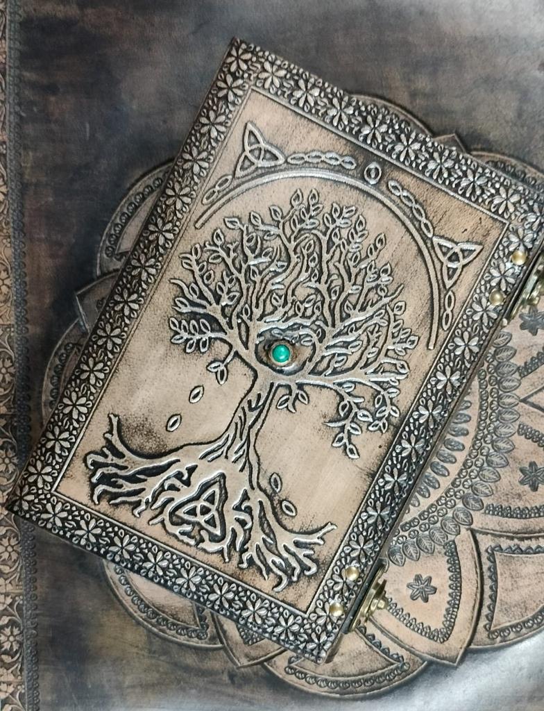 Embossed Tree of Life Leather Journal: Handmade Grimoire with Turquoise Stone