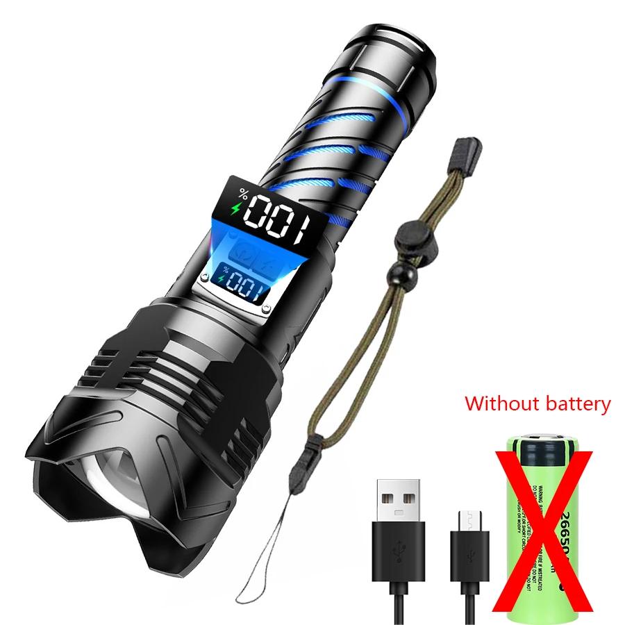 Powerful 60W LED Flashlight USB Rechargeable Tactical 26650 Torch with Power Display Super Bright Long Range Camping Lantern