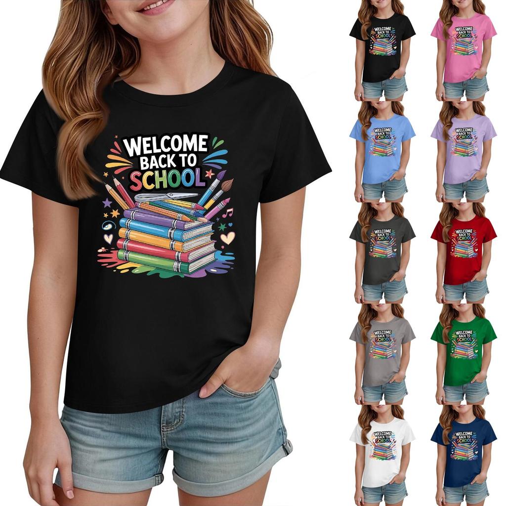 Kids Short Sleeve T Shirt Casual Crew Neck Tee Top Children Back to School Graphic Printed Lightweight Comfortable Summer Wear