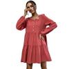 Women's Pleated Loose Long-sleeved Cotton and Linen Red Dress
