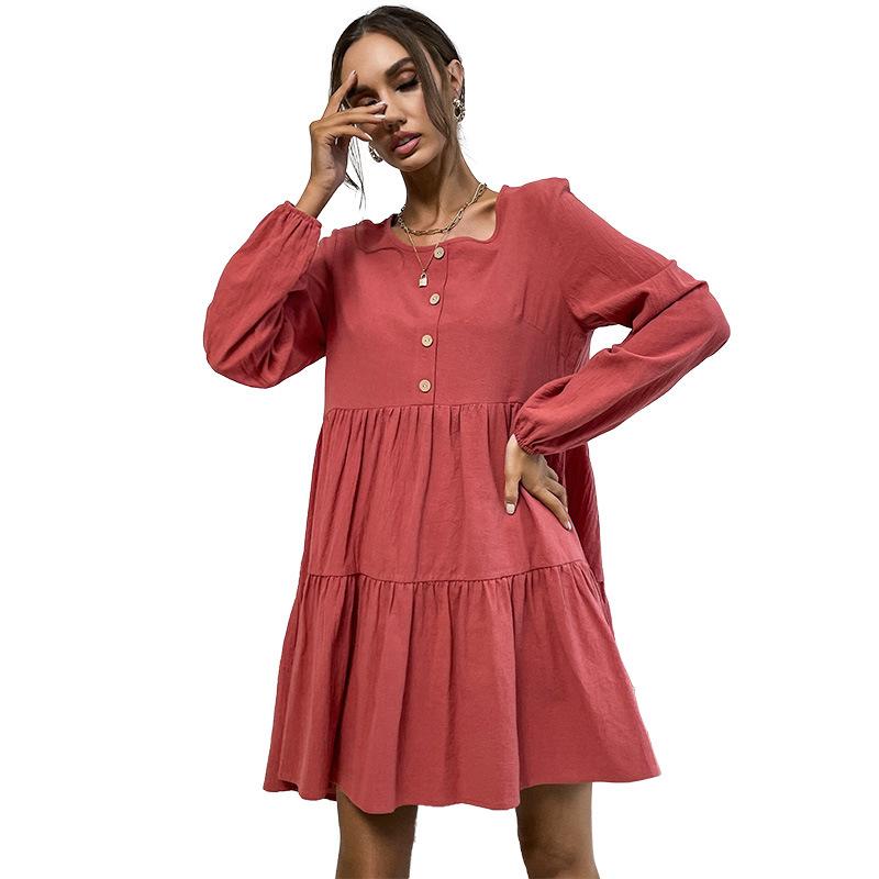 Women's Pleated Loose Long-sleeved Cotton and Linen Red Dress