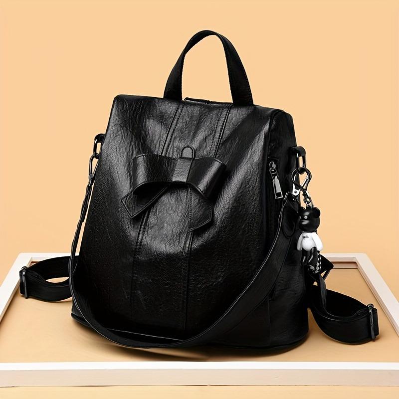 Classic Retro Bowknot Decor Backpack, Solid Color Textured Storage Rucksack, All-Match Pu Leather Storage Daily Daypack For Work
