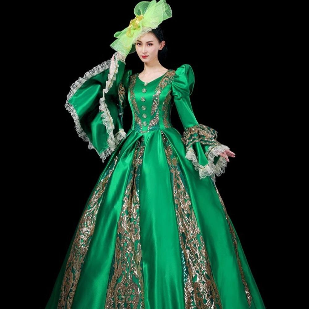 Vintage European Court Gown Women Embroidery Lace Flare Sleeve Victorian Dress with Hat for Party Cosplay