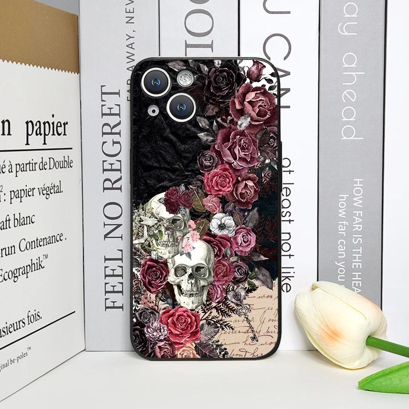 Retro Gothic Night Flower Skull Head Printed Phone Case for iPhone 17 16 12 11 14 Plus 13 14 15 Pro Max Mini X Floral Soft Cover