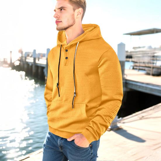 Men Hoodie Jacquard Texture Hooded Drawstring Long Sleeve Pullover Tops with Front Pocket Solid Color Spring Autumn Tops