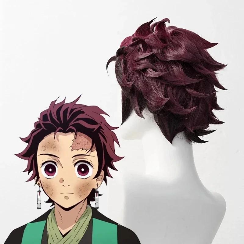 Anime Dämonentöter Kimetsu No Yaiba Tanjiro Kamado Cosplay Synthetische Perücken Kurz Kastanienbraun Hitzebeständige Haarperücken