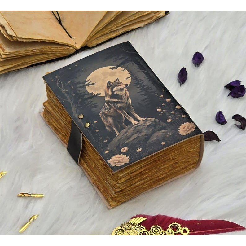 Lunar Wolf Grimoire – Handcrafted Vintage Book with Lock | Leather Notebook with Wolf & Moon Cover | Aesthetic Gothic Book | Grimoire Book