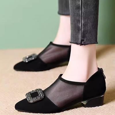 Real Mesh Single Shoes Women's 2025 New Real Soft Leather Hollow Breathable Sandals Rhinestone Thick Heel Mother Shoes
