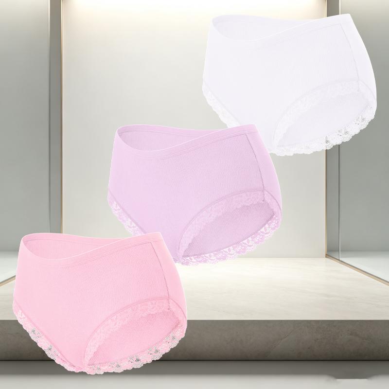 FINETOO 3Pcs/Set Women's Cotton Patchwork Lace Underwear Solid Color High Rise Ribbed Underpants Soft Breathable Panties Female Lingerie