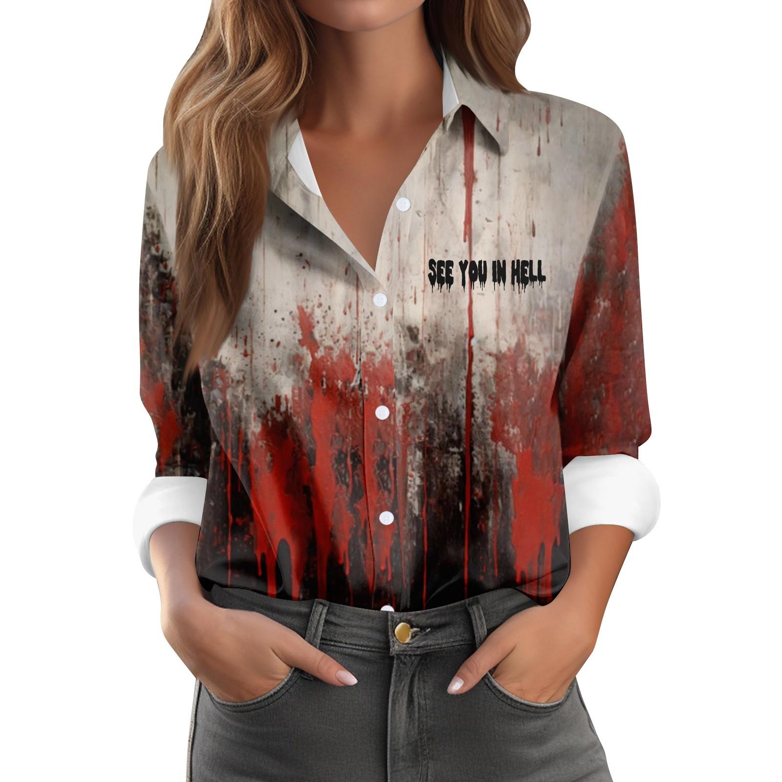 

Женская повседневная рубашка с длинным рукавом на пуговицах с принтом на Хэллоуин L