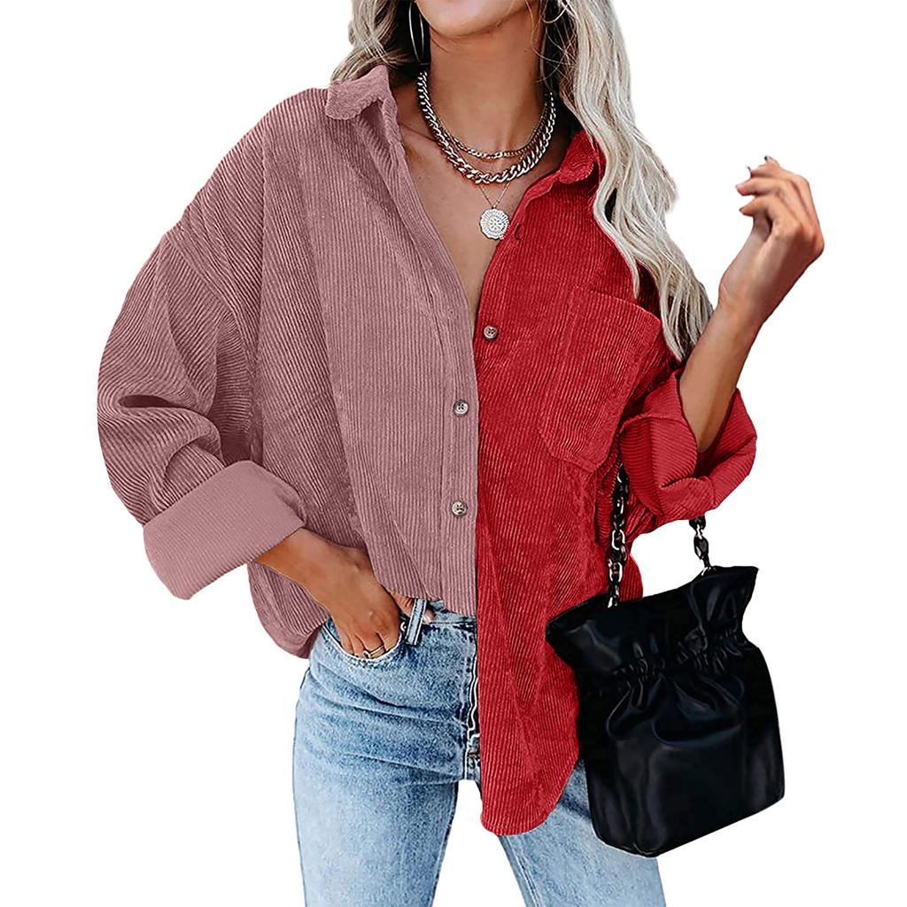Women's Autumn And Winter Loose Corduroy Color Blocking Long-Sleeved Shirt Jacket