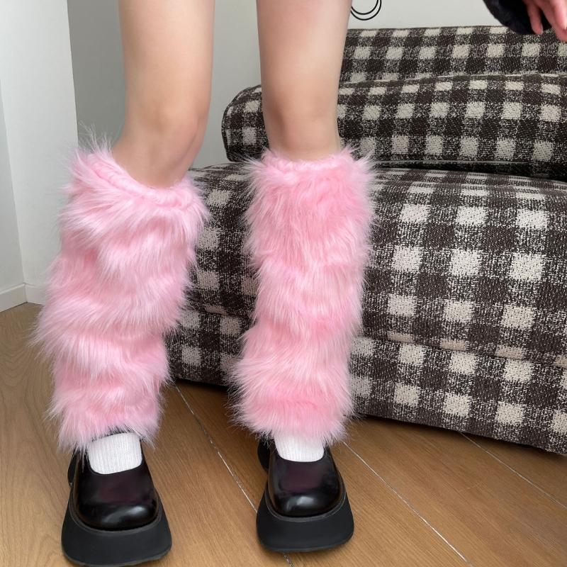 Soft Faux Furs Leg Sleeves Winter Leg Warmers Elastic Thermal Protective Boot Covers Footless Socks For Women Hosiery