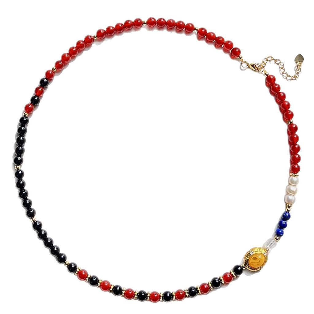 Wind 6mm Autumn and Winter Natural Carnelian Black Agate Freshwater Pearl Lapis Lazuli Sweater Chain Necklace Clavicle Chain