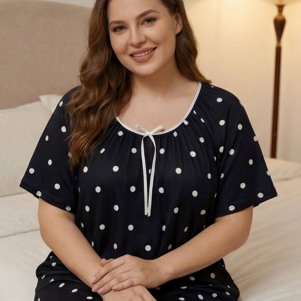 VEZFAA Women's Fashion Summer Spring Polka Dot Print Short Sleeve O‑Neck Loose Casual Nightgown