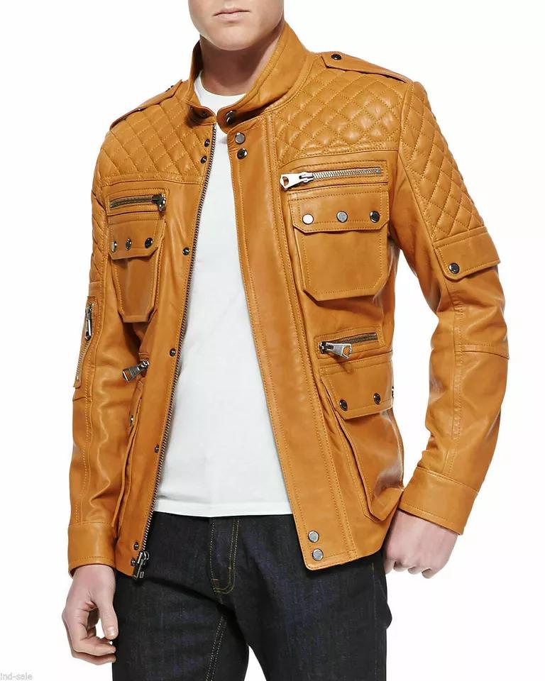 

BROWN Men s Jacket Genuine Lambskin Leather Biker Motorcycle Handmade Casual 3XL коричневый