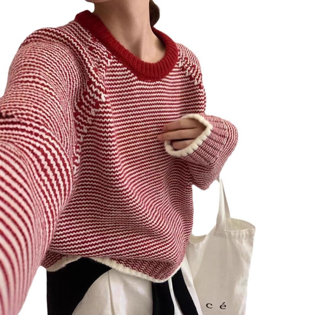 Foreign trade stripes loose lazy wind long-sleeved warm jumper women simple stacking wear winter contrasting color jumper women