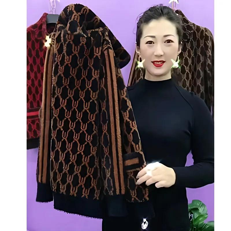 

Женский осенне-зимний кардиган с высоким воротником, теплый, на молнии, для женщин среднего и пожилого возраста, пальто из искусственного норкового бархата S