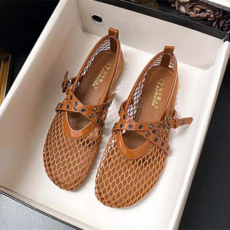 Fashion Air Mesh Breathable Ballet Flats Women Fashion Rivet Belt Buckle Design Flat Shoes for Women Light Cozy Summer Casual Sneakers