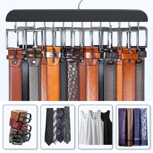 Resovo Belt Hanger for Closets, Holds up to 42 Belts, Belt Organizer with 14 Hooks, Durable Wood Belt Rack for Closet Organizer and Storage, Black, 1