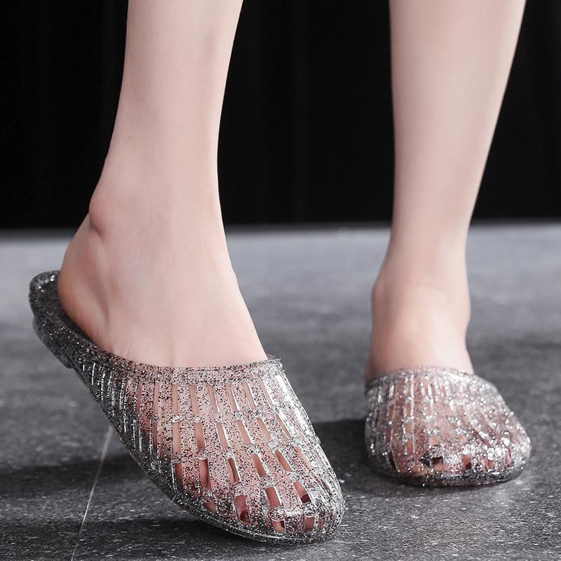 Non-slip and deodorant crystal plastic cool slippers women's flat bottom hollow hole shoes bag head beach seaside bathroom bath shoes