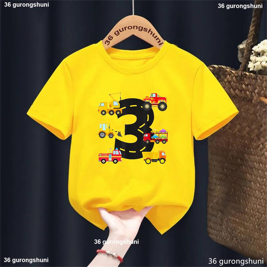 Kids Clothes 3th Birthday Gift For Girls/Boys Tshirt Digging Machine Tractor Car Print T Shirt White /Blue/Yellow/Gray T-Shirt