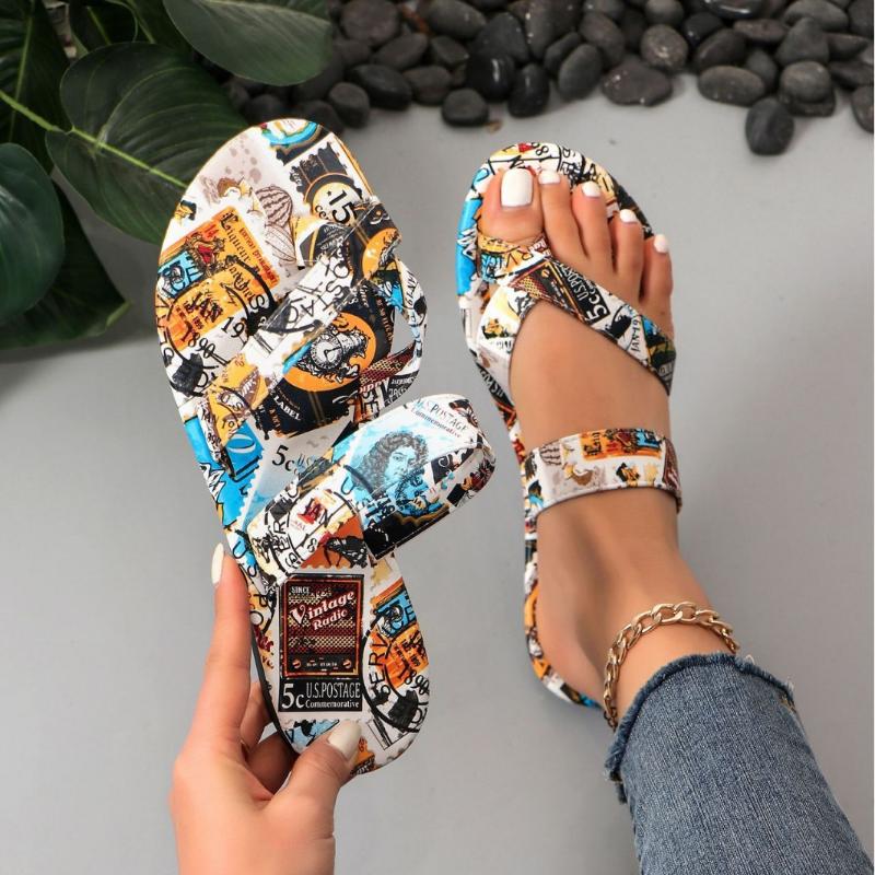 Femmes Imprimé Clie Toe Pantoufles Plates Sandales de Plage Mode Été Nouvelles Tongs 2024 Bew Marque Décontracté Robe Diapositives Zapatos Mujer