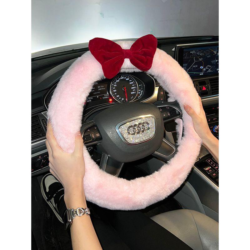 Car Steering Wheel Cover Winter Warm Plush Korean Cute Red Bow Non-Shedding Universal Handlebar Cover for Women
