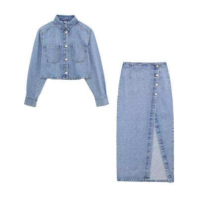 2023 Damen Einfarbige Jeansjacke & Zweifarbiger High-Waist Midi-Rock Set