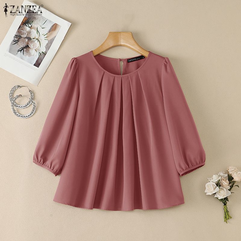 ZANZEA Women Elegant O Neck 3/4 Sleeve Pleated Tops Casual Solid Color Work Office Blouse