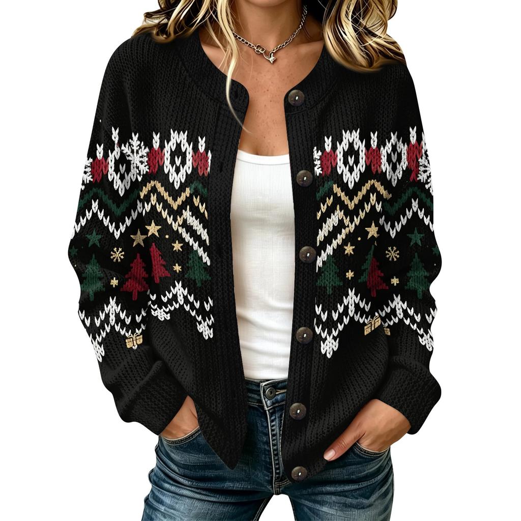 Damen Weihnachtsdruck Langarm Offen Vorne Strickjacke Lässiger Feiertags Pullover Mantel