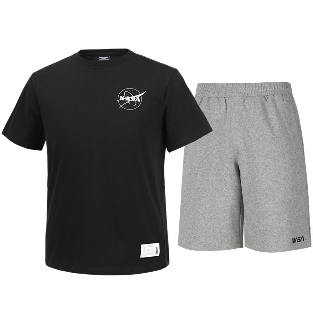 Nasa Unisex Cotton Blend Training T-Shirt + Knee-Length Cotton Shorts Set [Black + Light Melange] 95