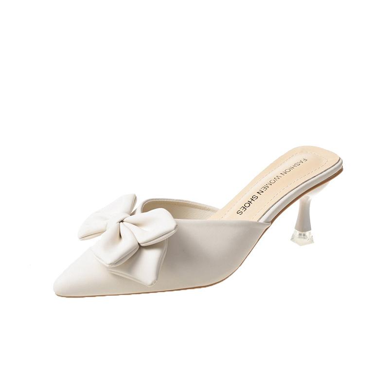 

Летние новые полутапочки с сумкой на носке, на высоком каблуке, крутые тапочки, женская мода, тонкий каблук, бант, заостренный носок 40