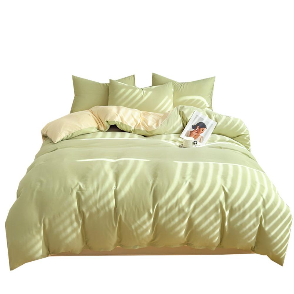 Conjunto de Roupa de Cama Simples de Algodão Lavado Duplamente Torcido - Lençol de Elástico e Capa de Cor Lisa