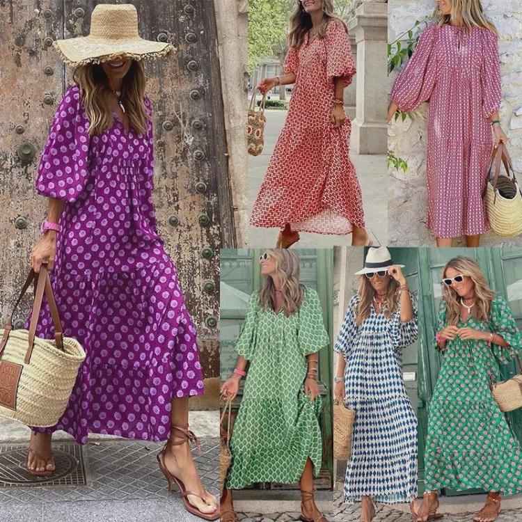 

Women Street Style European American Geometric Puff Sleeve Maxi Dress Small