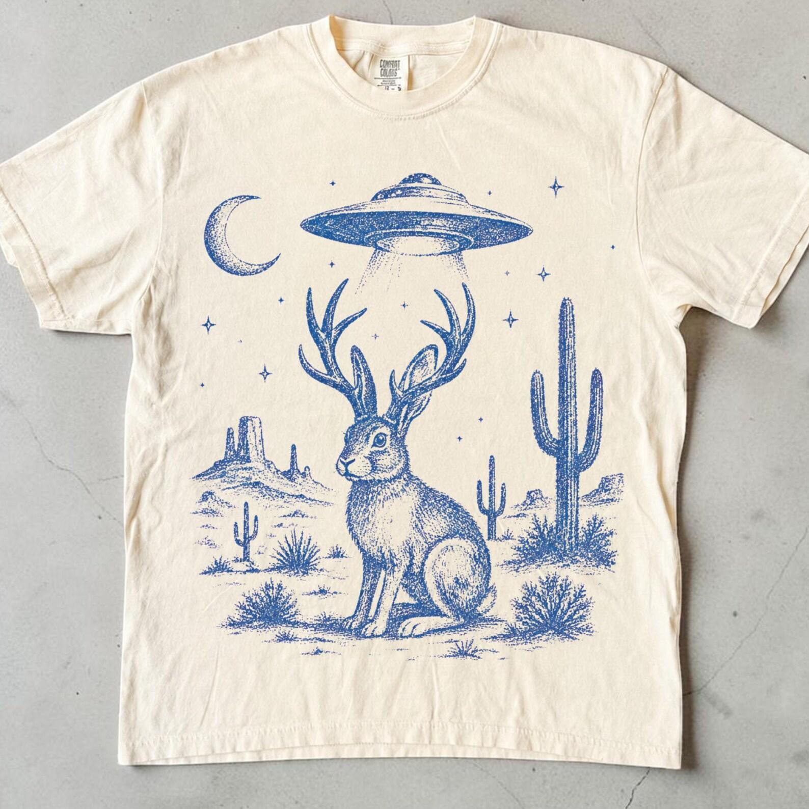 Jackalope Shirt, UFO Alien Abduction Tee, Cryptid Western Desert, Celestial Moon Animal, Unisex Relaxed Fit Comfort Colors S
