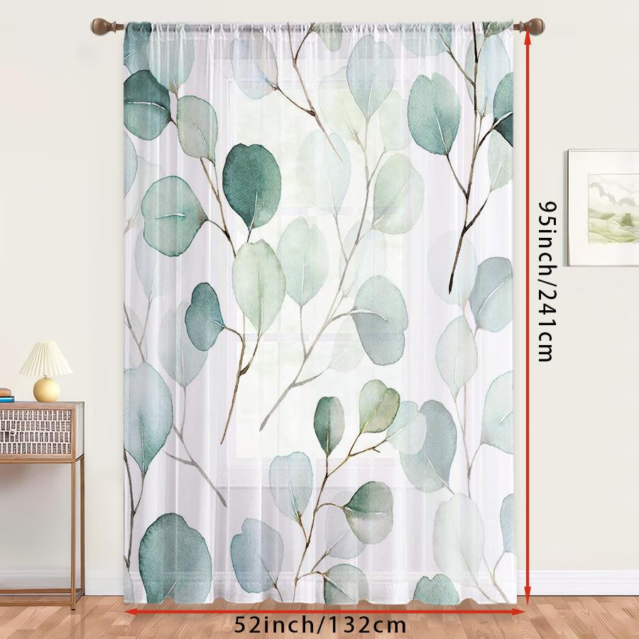 1PC Sheer Curtain Eucalyptus Blue Green Watercolor Print, Rod Pocket Window Curtain for Living Room Modern Decor