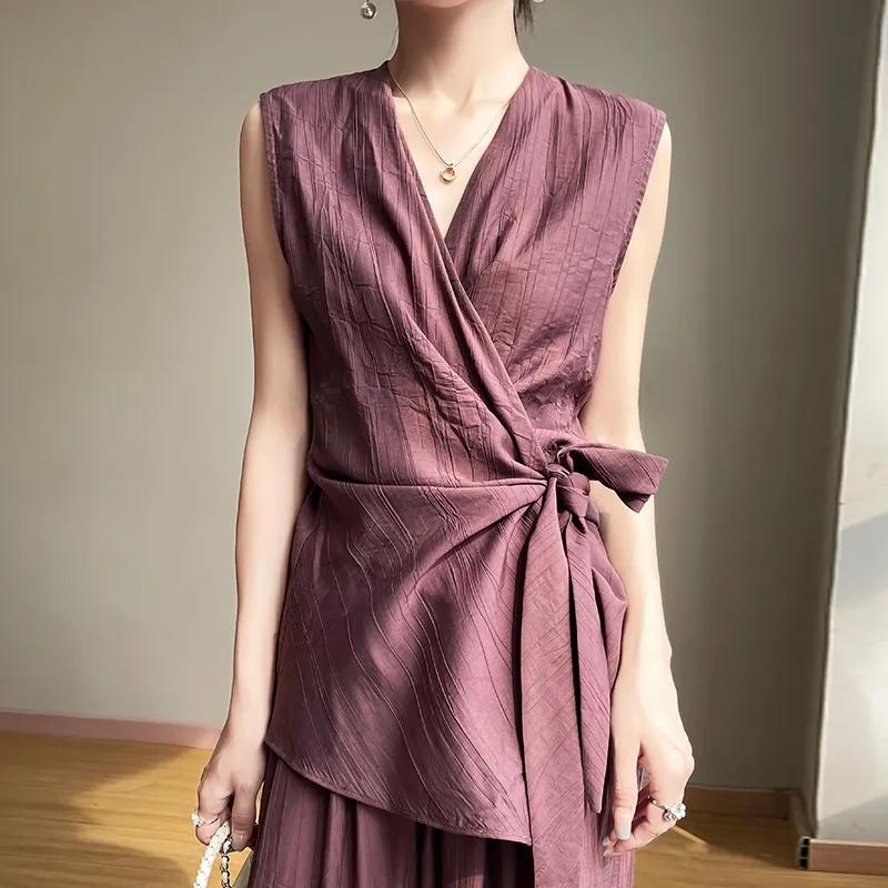 Summer Women's V Neck Wrap Sleeveless Shirt Tie Waist Casual Blouse