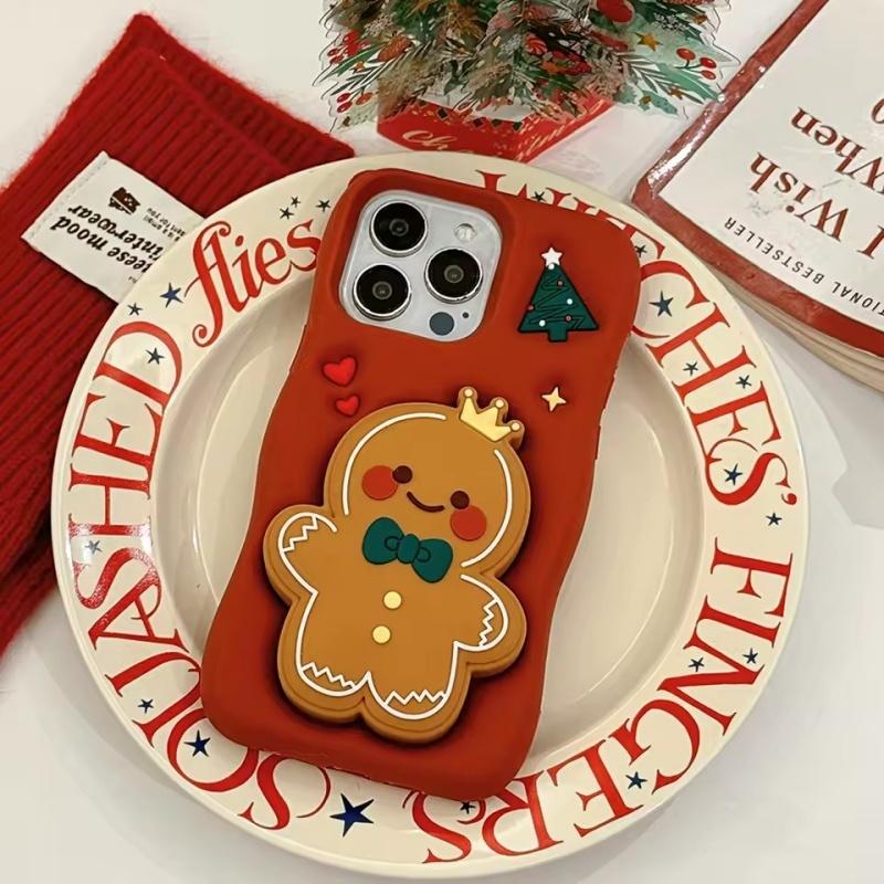 

Kawaii Cartoon Christmas Gingerbread Man Case For iPhone 16 15 14 Plus 13 12 Pro Max Soft Silicone Cover With Holder iPhone 11