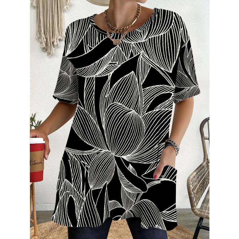 Black And White Abstract Leaf Pattern Loose Fit Short-Sleeve T-Shirt with Pocket, Suitable for Daily Commuting, Campus Life, Casual Gatherings,