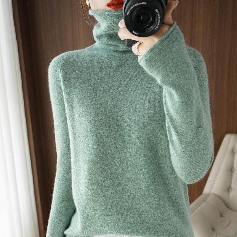 Women's High Neck Knit Sweater: Long Sleeve, Solid Color, Loose Fit, Stylish Autumn/Winter Base Layer