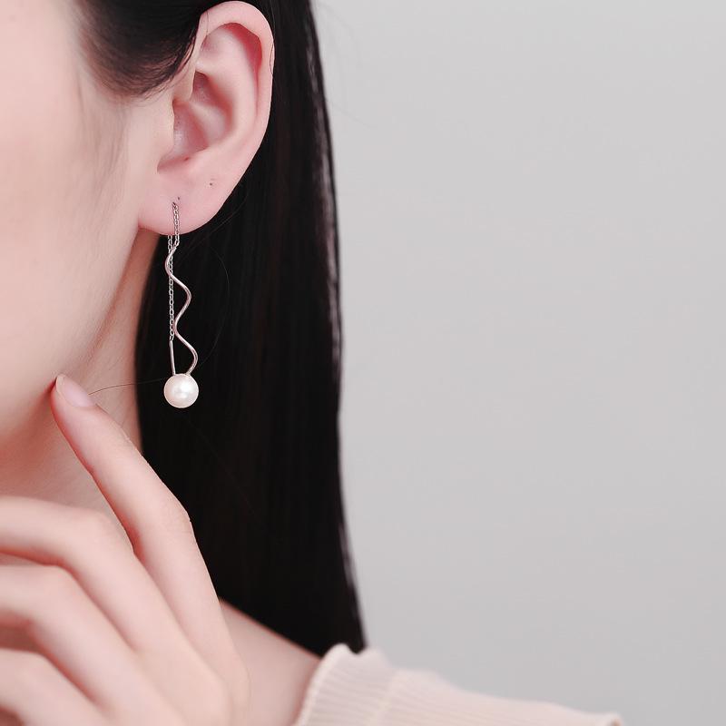 Silver Earphone Female Long Tassel Personalized Fashion Simple Stud Earrings Geometric Curve Ear Jewelry Cross Mirror