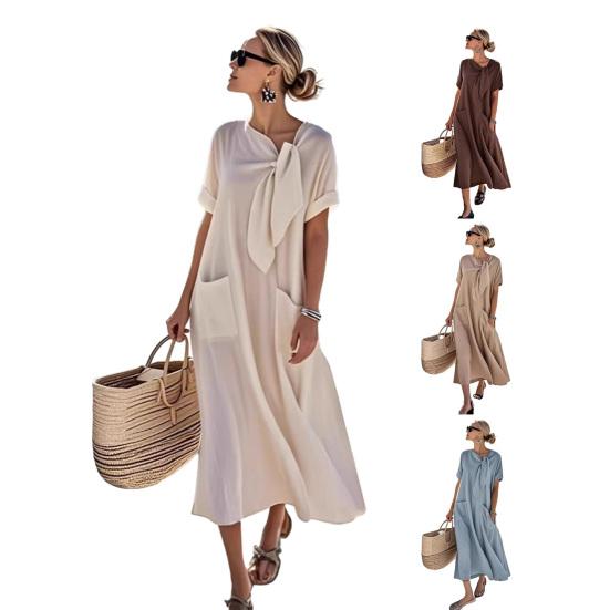 Women Summer Long Dress Tie Neck Short Sleeve Flowy Beach Sundress Casual Loose Vacation Long Dress with Pockets
