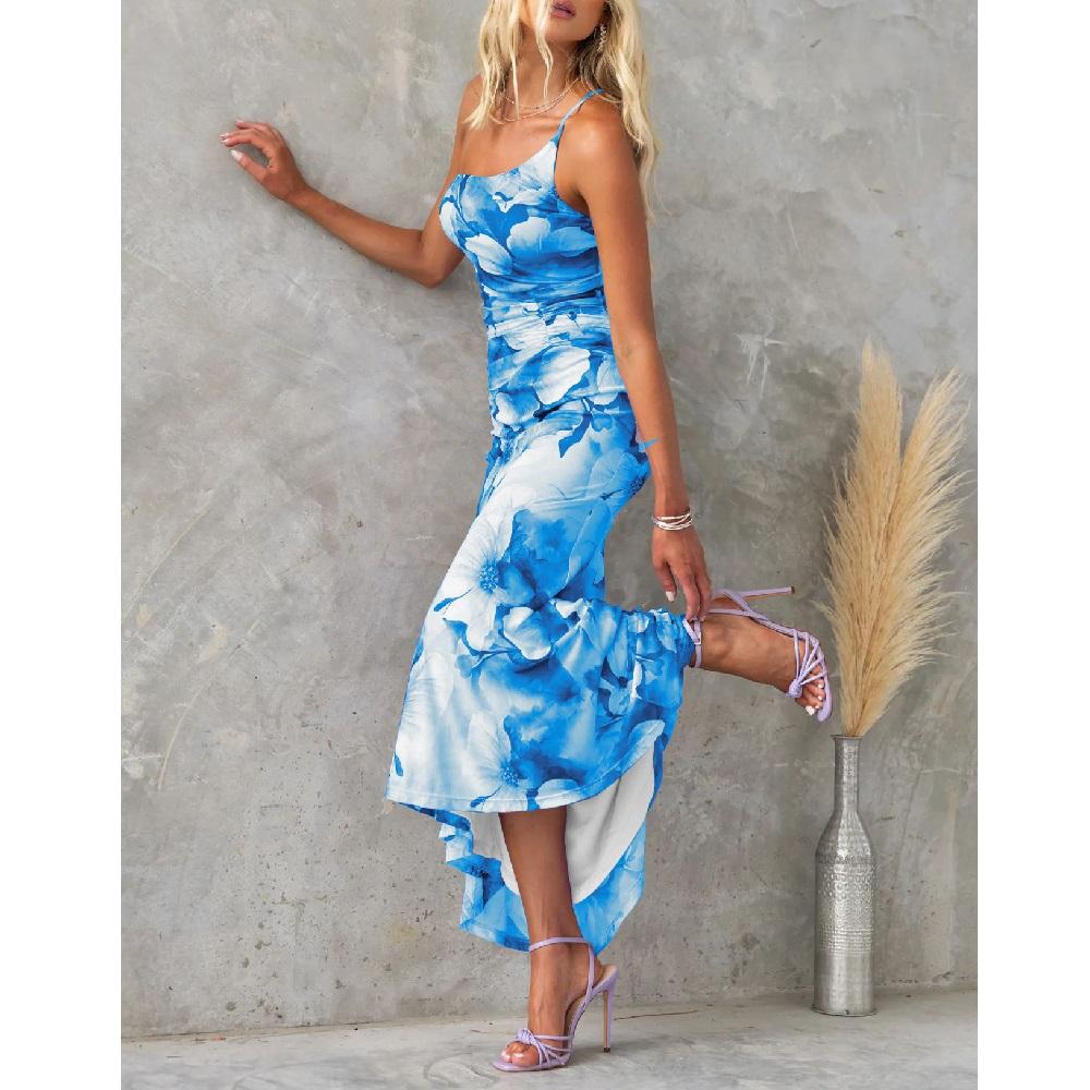 Women Summer Slash Neck Long Dresses Ladies Fashion Floral Printing Ruffle Hem Pleated Bodycon Party Maxi Dress