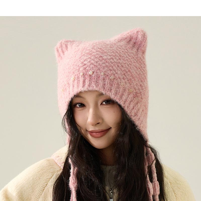 

Жемчужная кисточка Шапка вязаная с медвежьими ушками Женская зимняя защита ушей Теплая шерстяная шапка розовый
