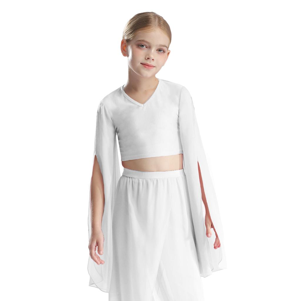 Girls Classical Dance Crop Top: V Neck Split Flared Sleeves Elegant Top for Practice Performance